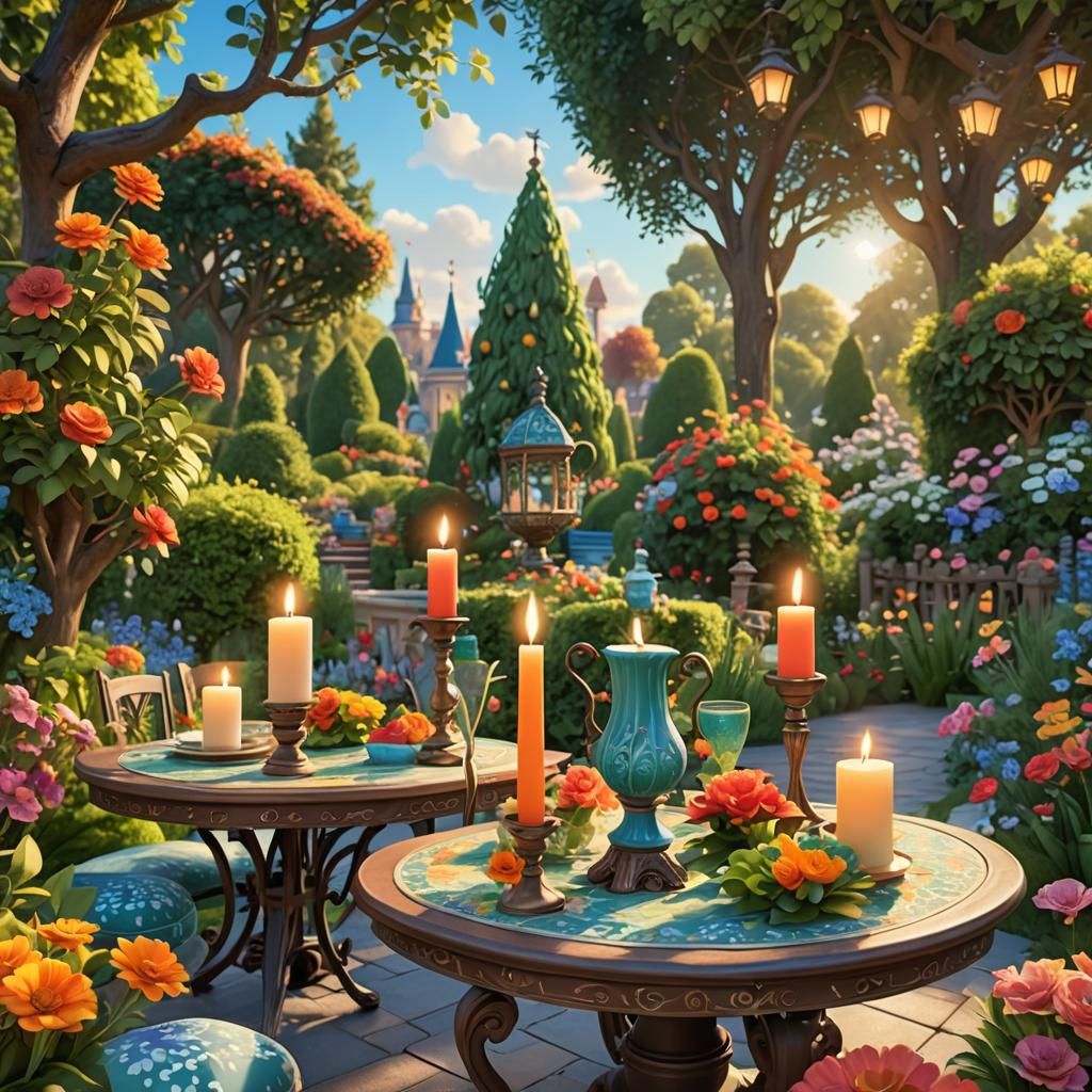Disney Pixar style 3D beautiful garden scene with a fancy ca...