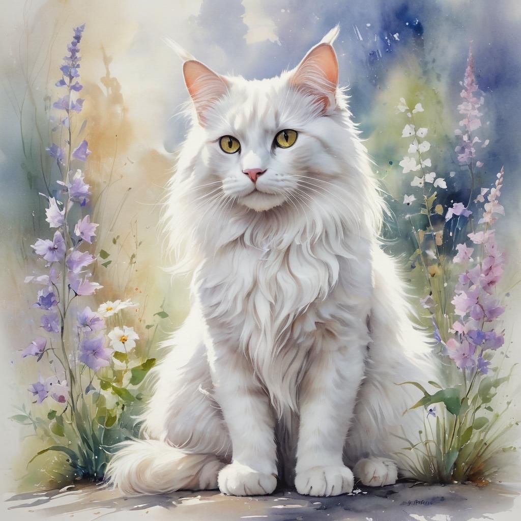 Whimsical Watercolor Cat Landscape in Vibrant Colors