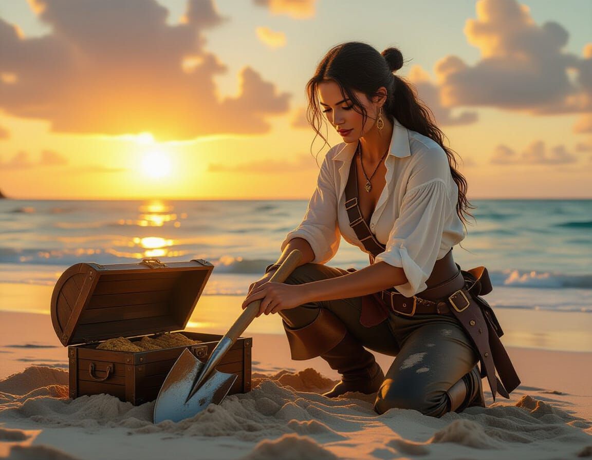Pirate Woman Unearths Treasure Chest on Tropical Beach