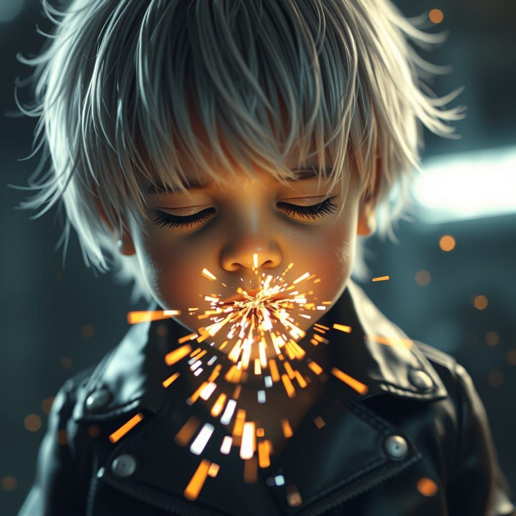 Cyborg Child Sneezing Sparks in Murraypunk Style