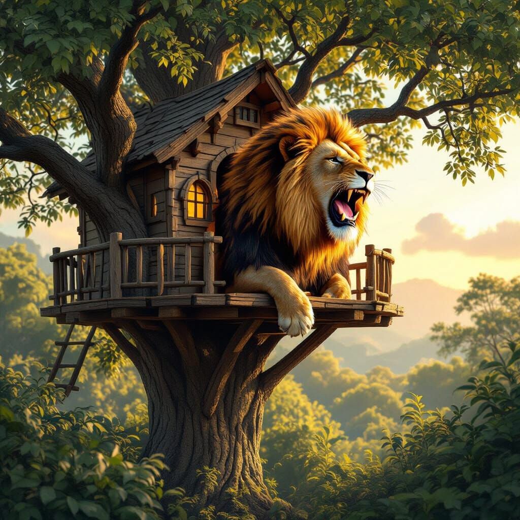 Realistic Treehouse with Roaring Lion in Golden Hour Light