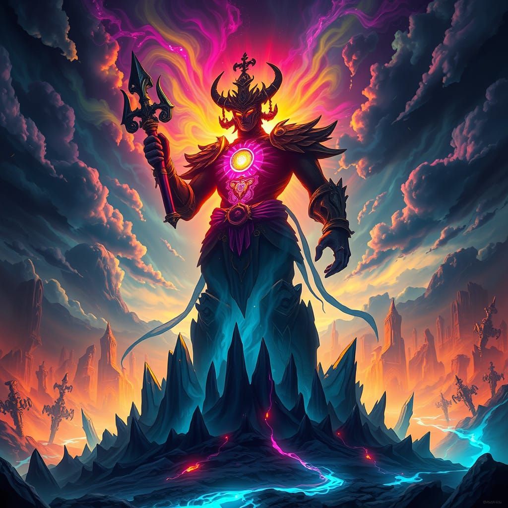 Towering War God Silhouette in Cosmic Iridescent Glow