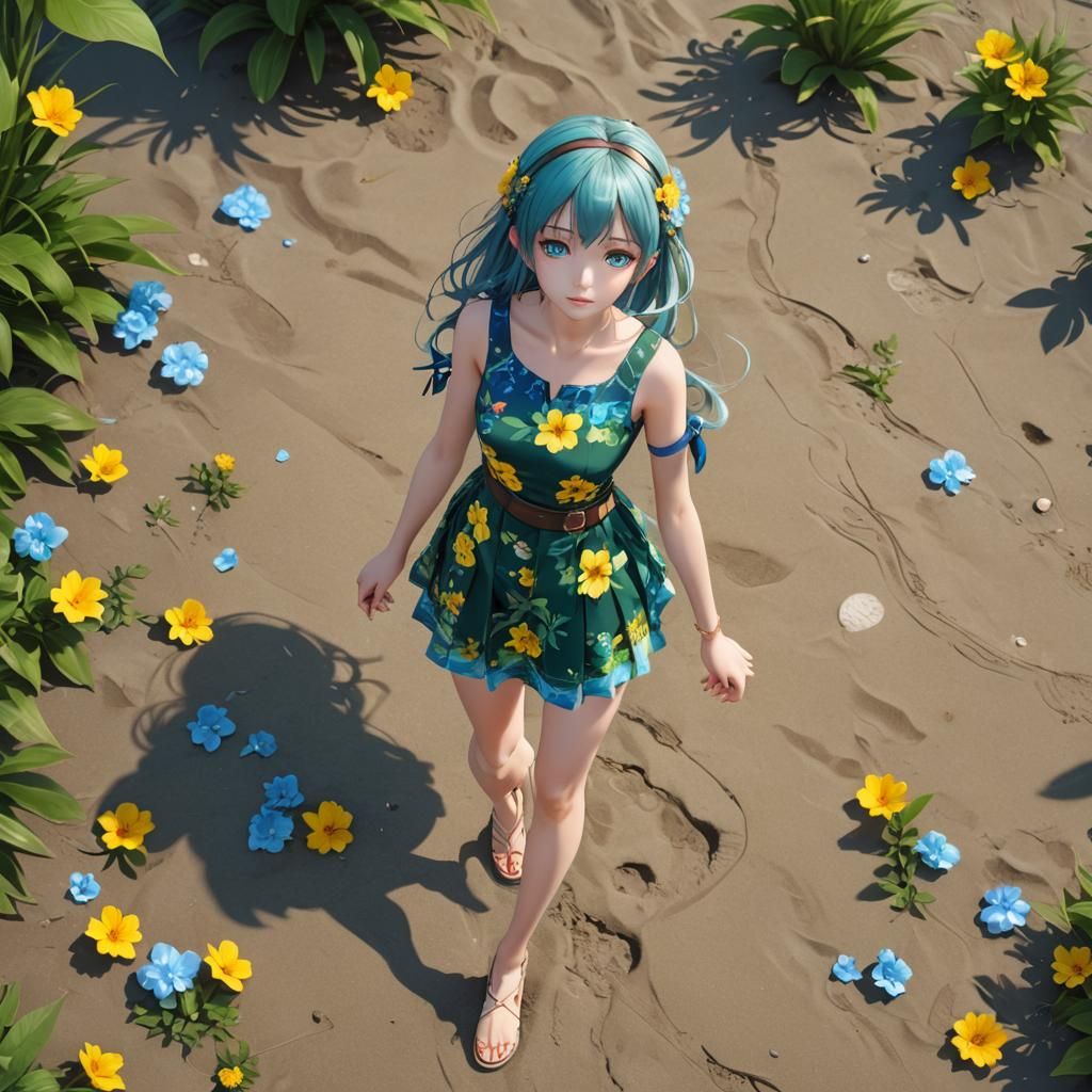 full body shot,the anime model in a blue floral light short dress is modeling for anime and character accessories,blue e...