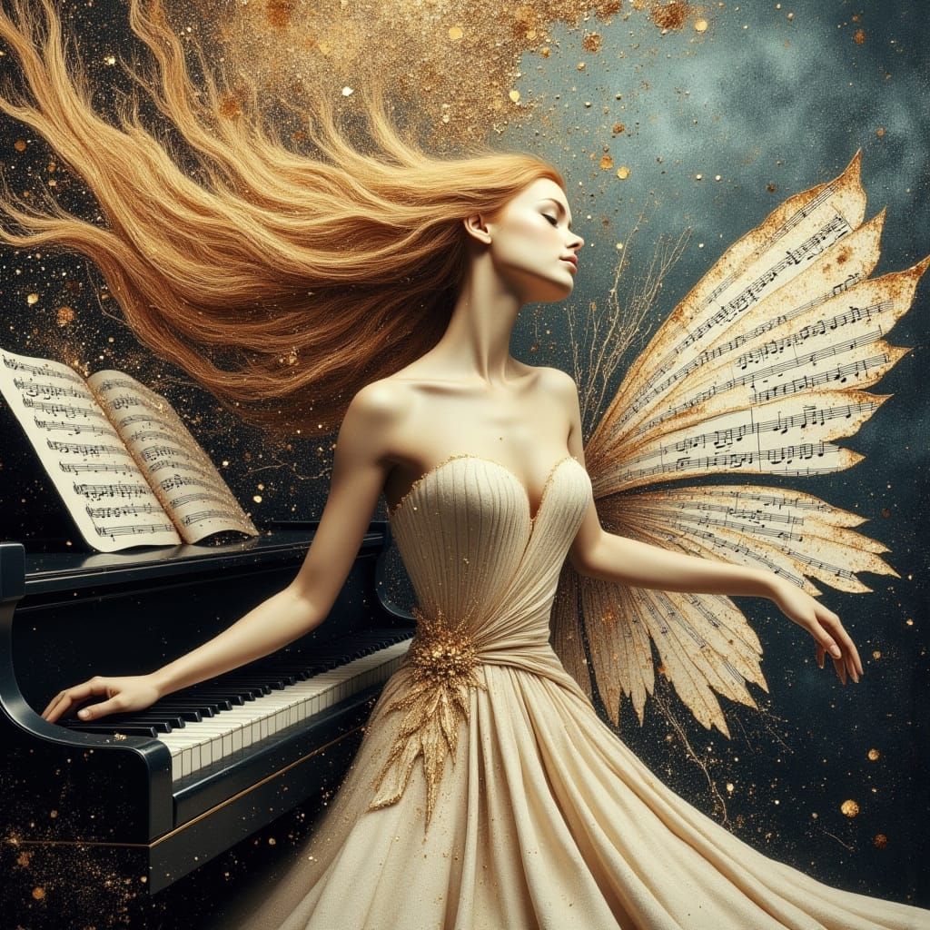 Ethereal Piano Fairy with Windswept Hair and Musical Scores ...