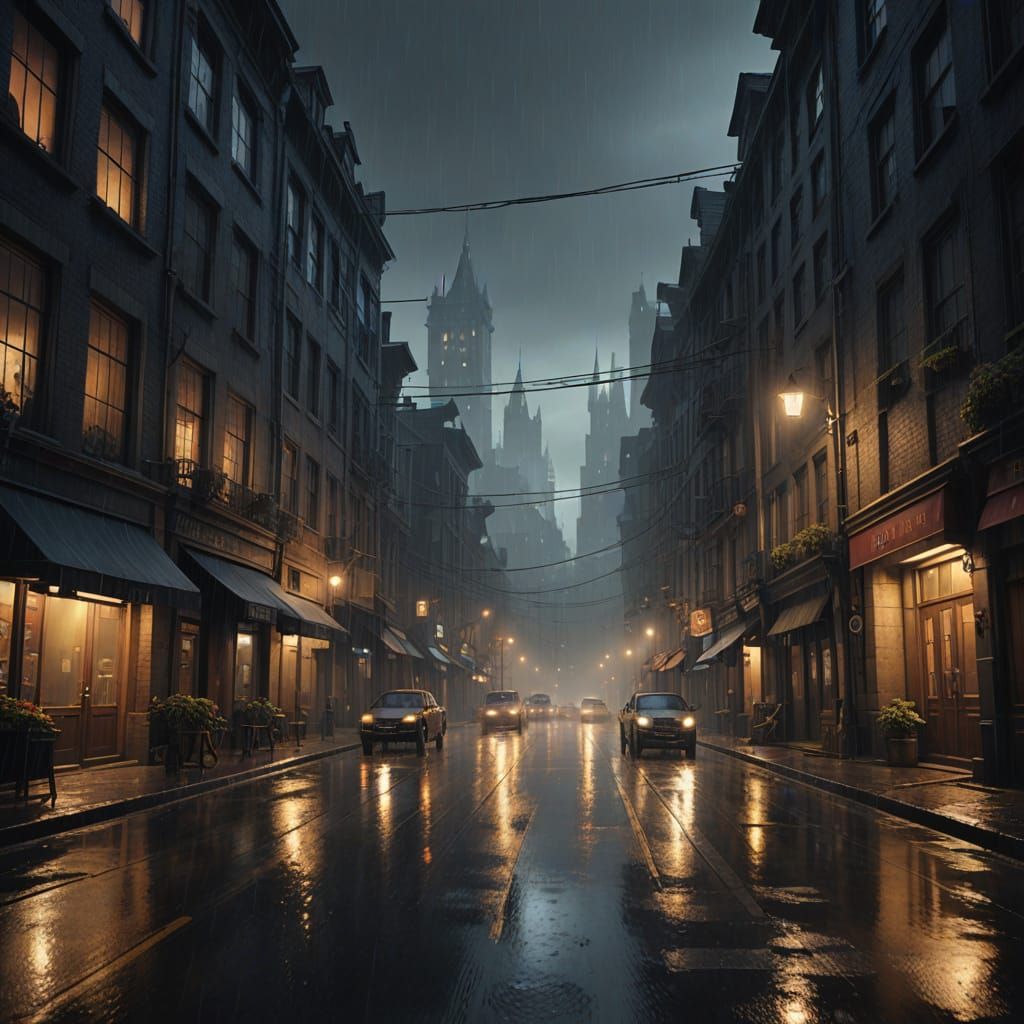 Fantasy Rainy City Streets at Night
