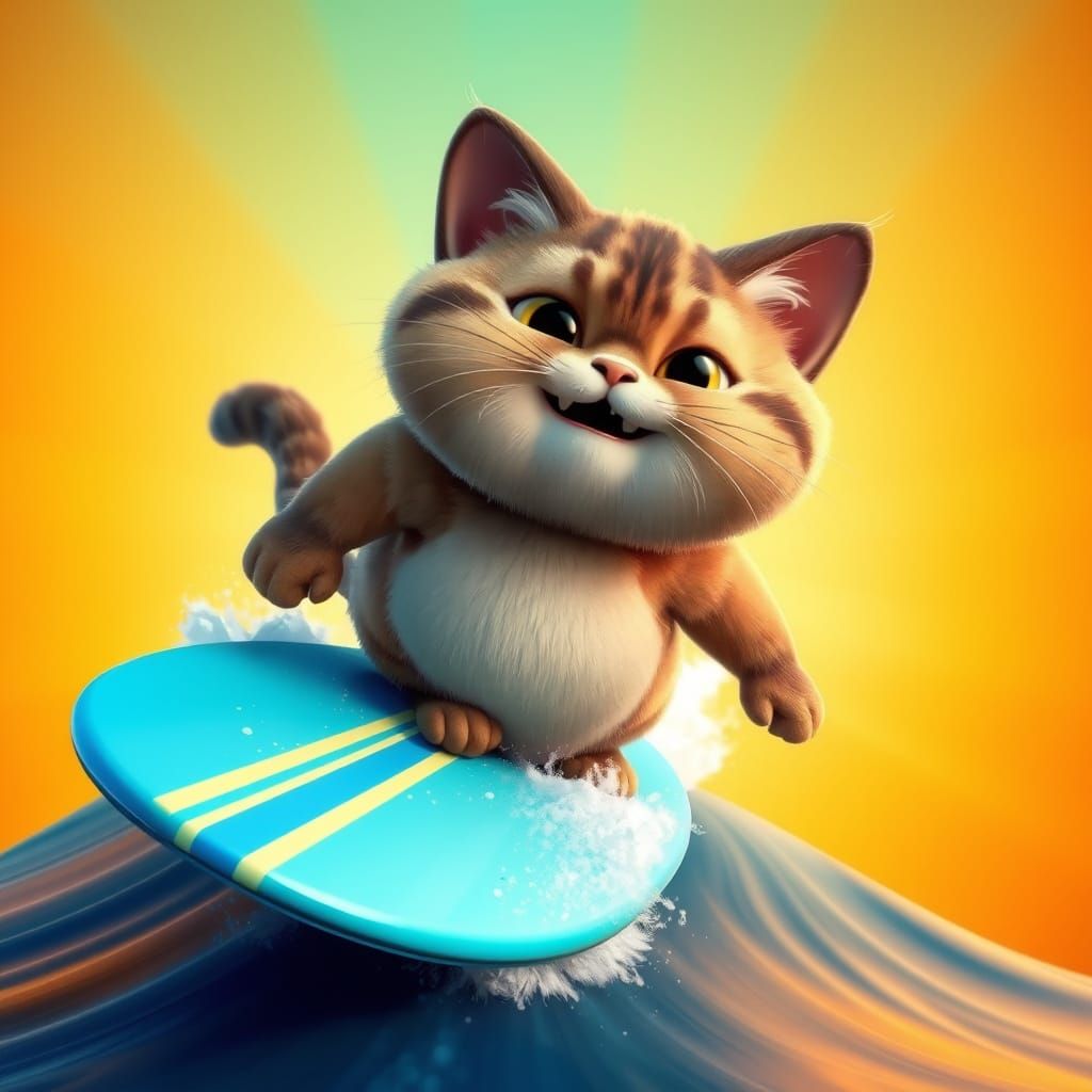 Surreal Feline Surfer Rides Sunset Wave in Vibrant Digital A...