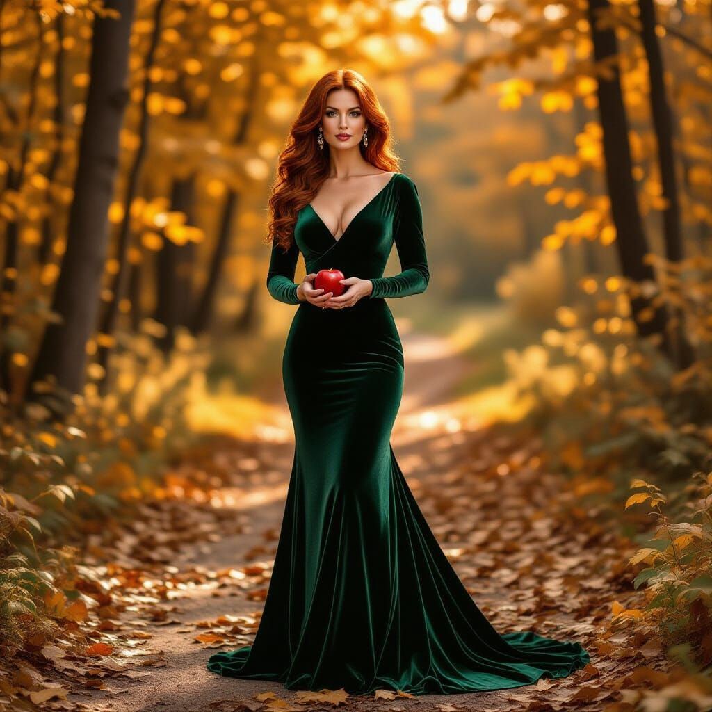Woman in Emerald Gown with Apple in Forest