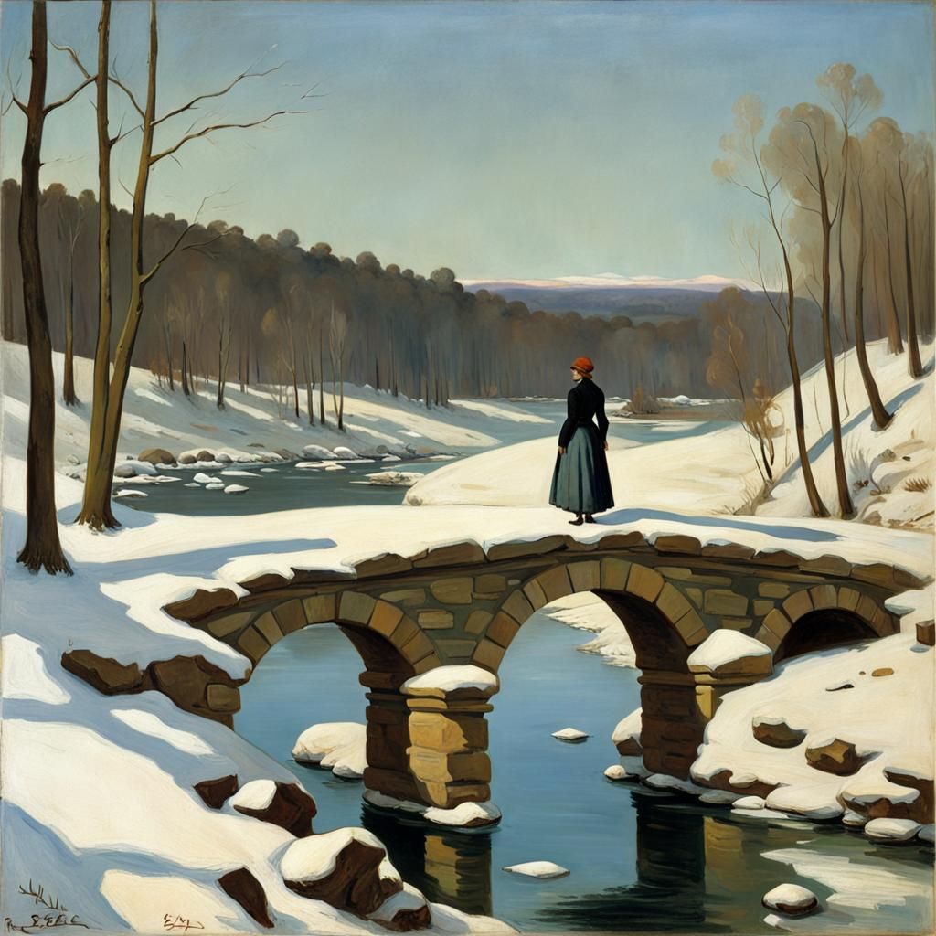 Winter River Scene in Impressionist Style