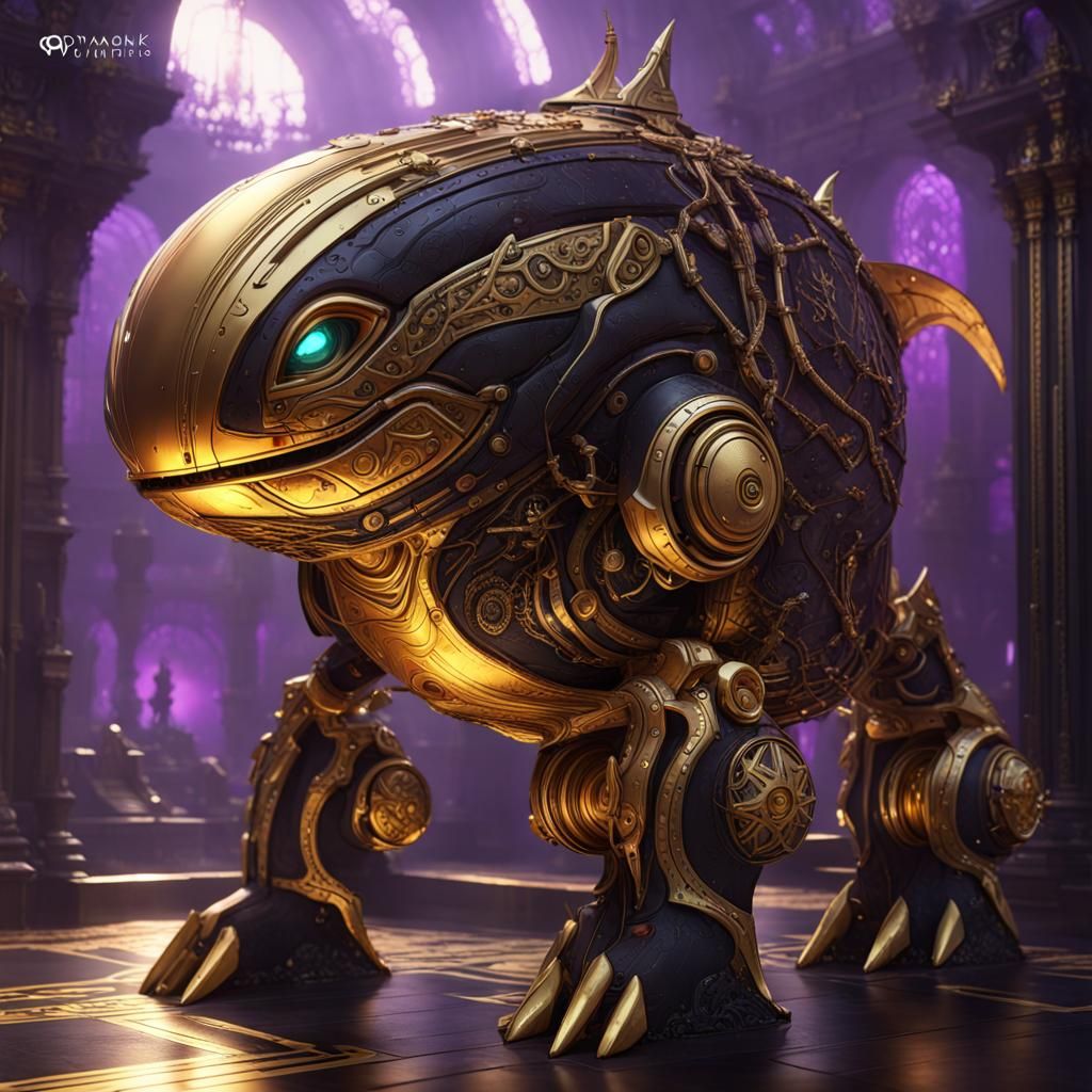 Epic Gold and Black Whale Robot in Dark Fantasy