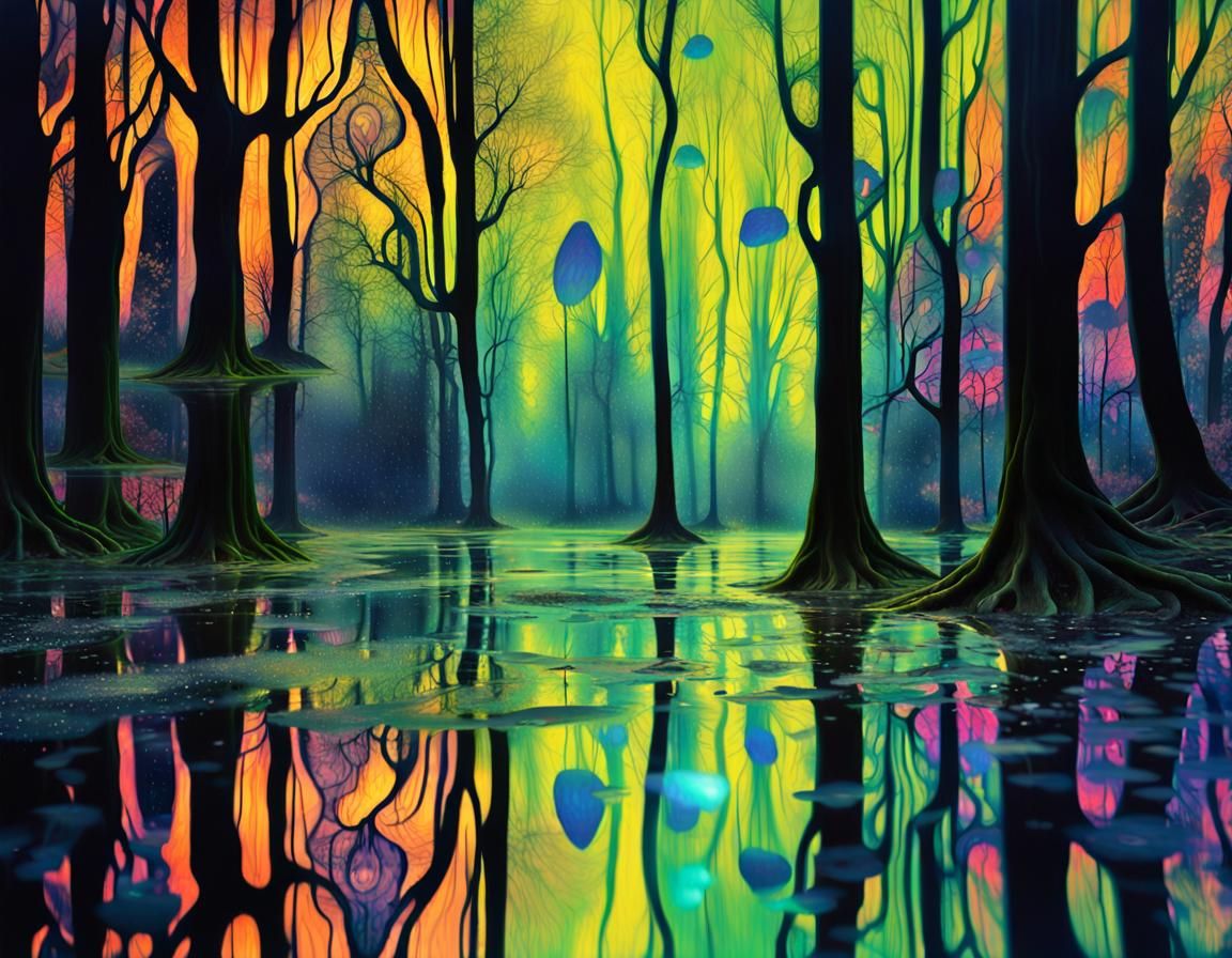 Art Nouveau Forest with Neon Rain and Dancing Figures