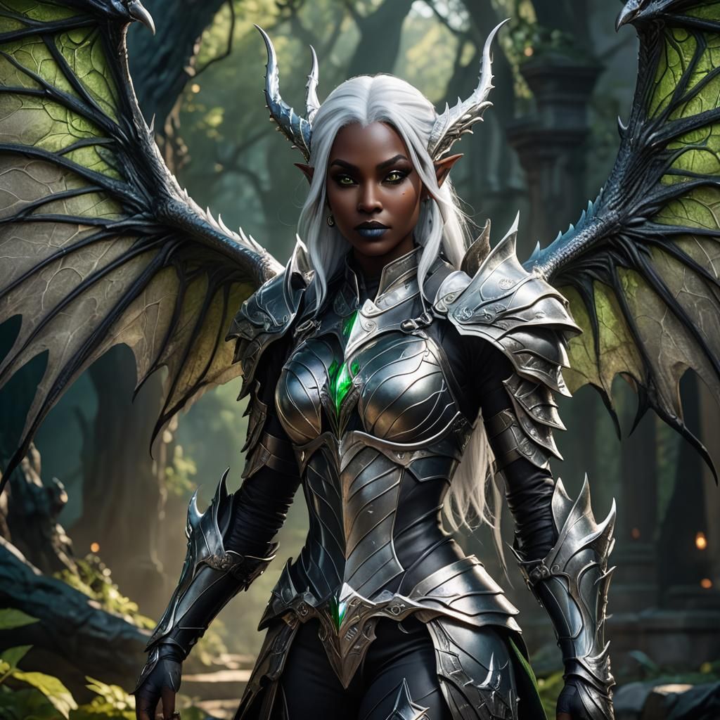 Drow Warrior with Dragon Wings, Fantasy Art