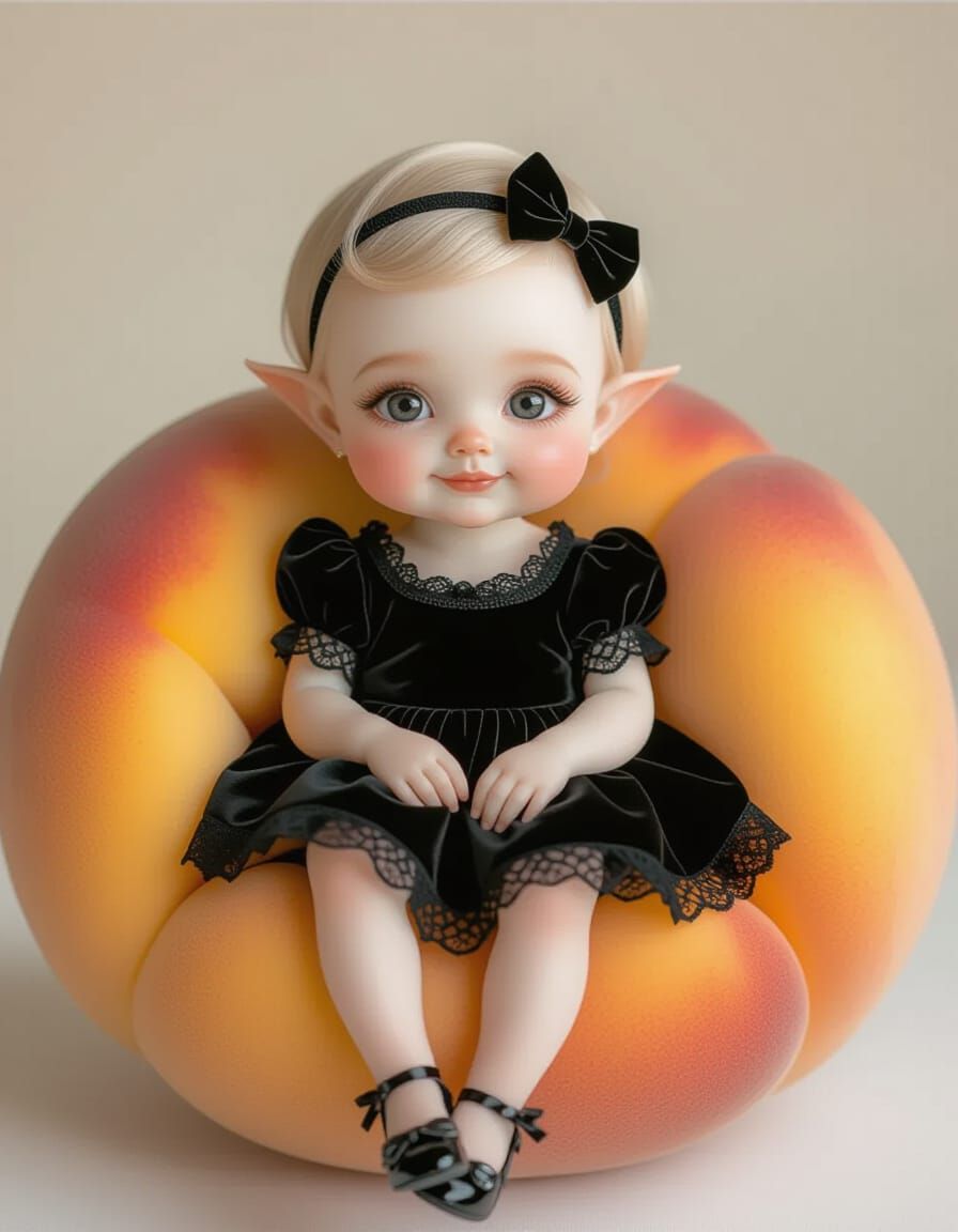 Adorable Gothling Sits Atop Giant Peach in Hyperrealistic Ph...