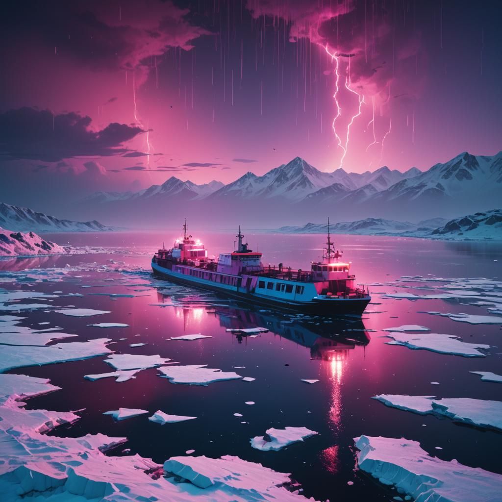 Synthwave Ferry Breaks Through Icy Winter Landscape