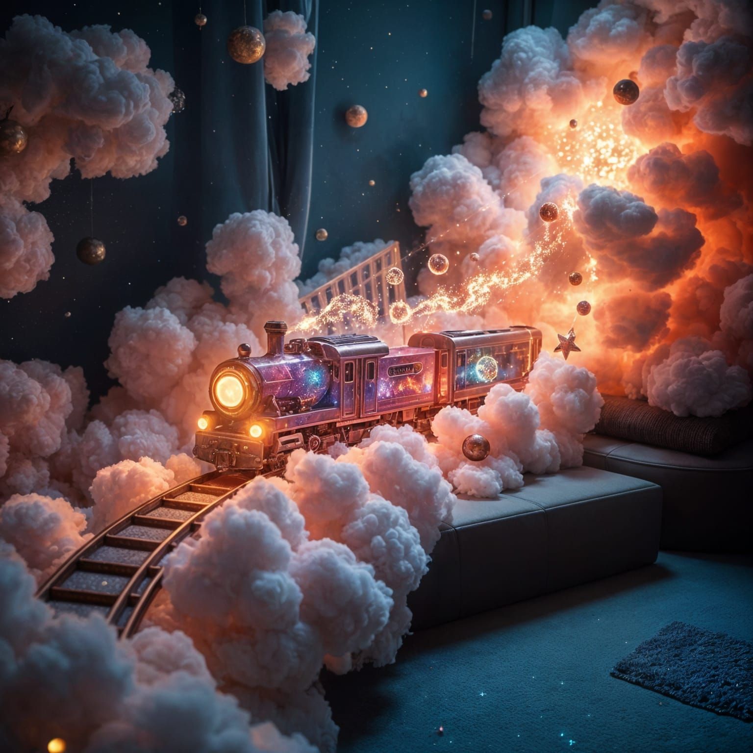 Futuristic Holographic Train Zooms Through Stardust Room