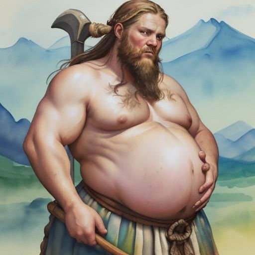 Viking Man with Pregnant Belly in Gouache Style