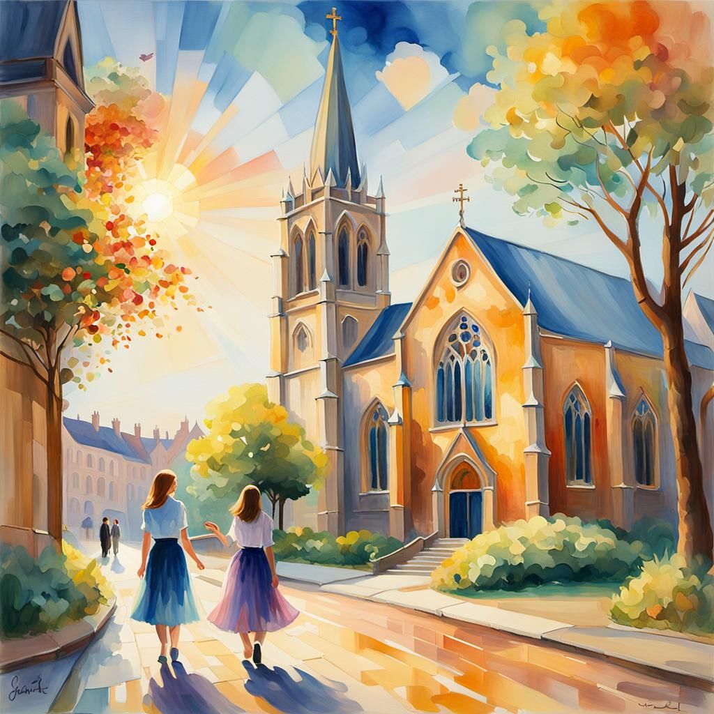 Impressionist Church Scene with Stained Glass