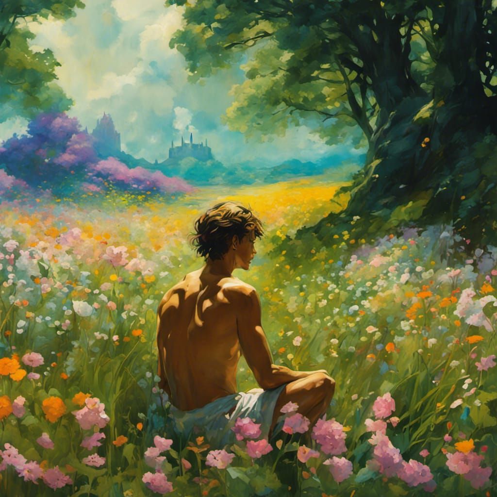 Shirtless Man in Flower Field: Graffiti Art Style
