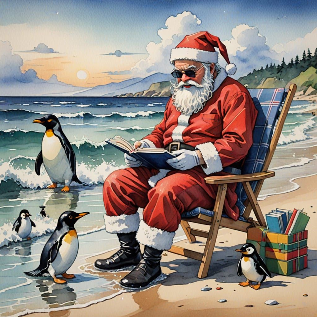 Santa Claus Paddling at the Beach with Elf and Penguin