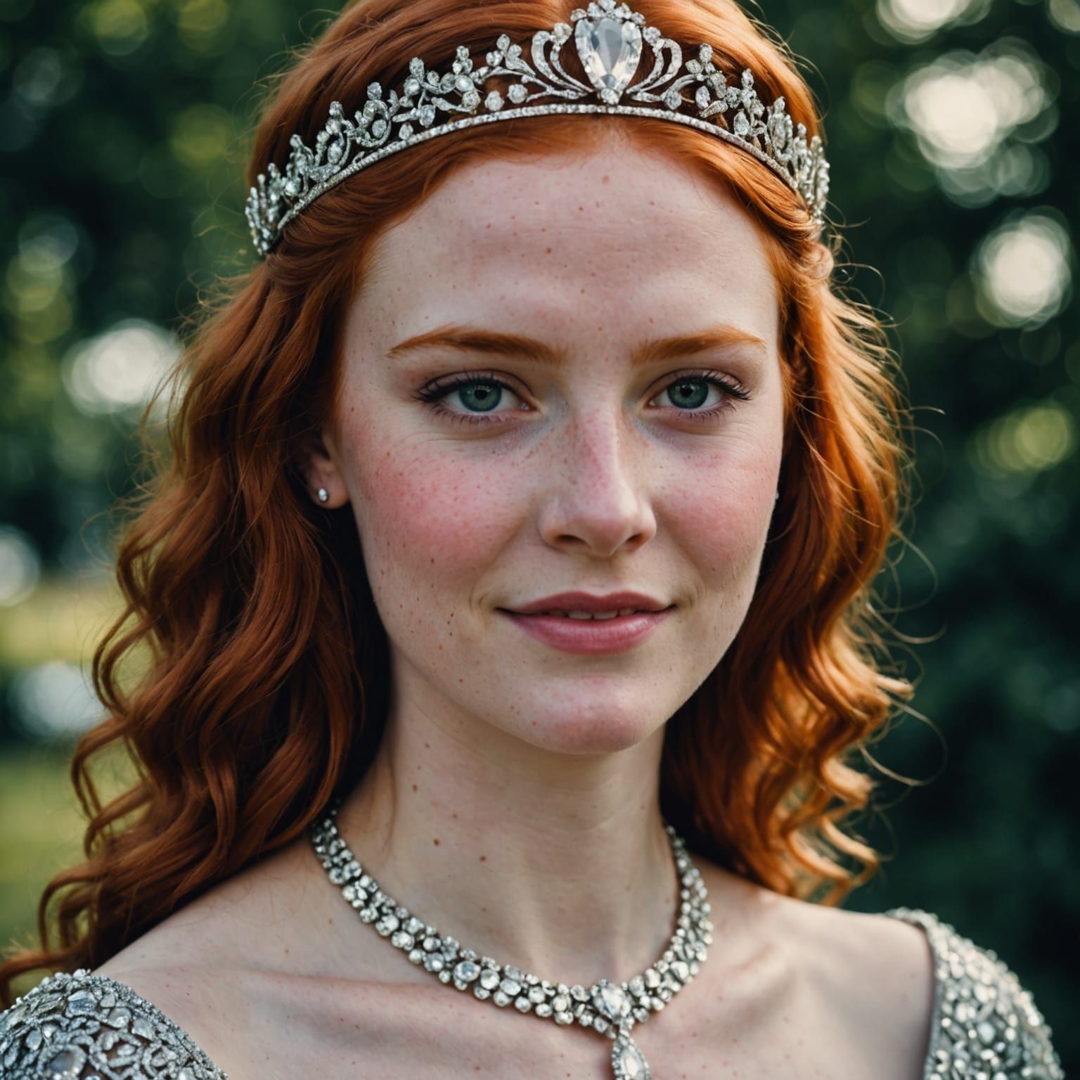 Redhead Prom Queen with Gem Tiara in Cinematic Style