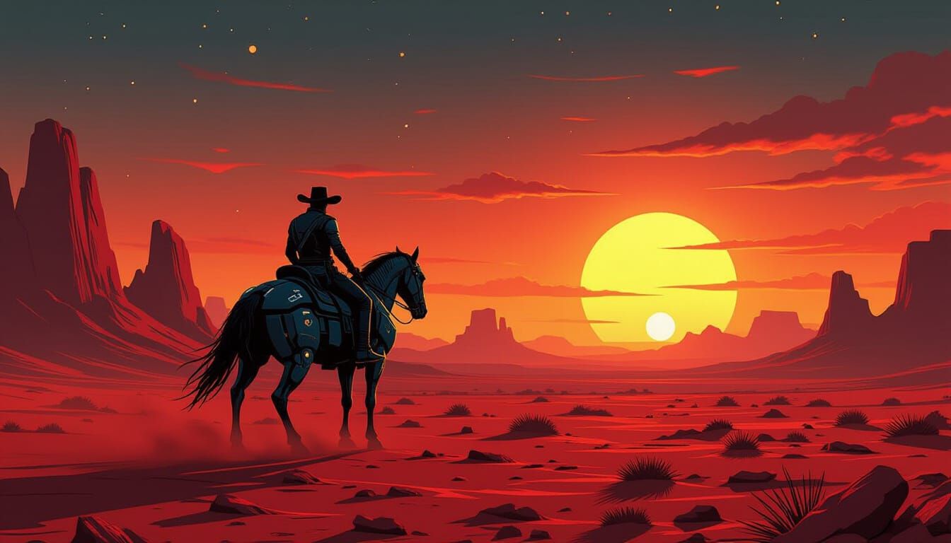 Cowboy on Cybernetic Steed Under Alien Sunset