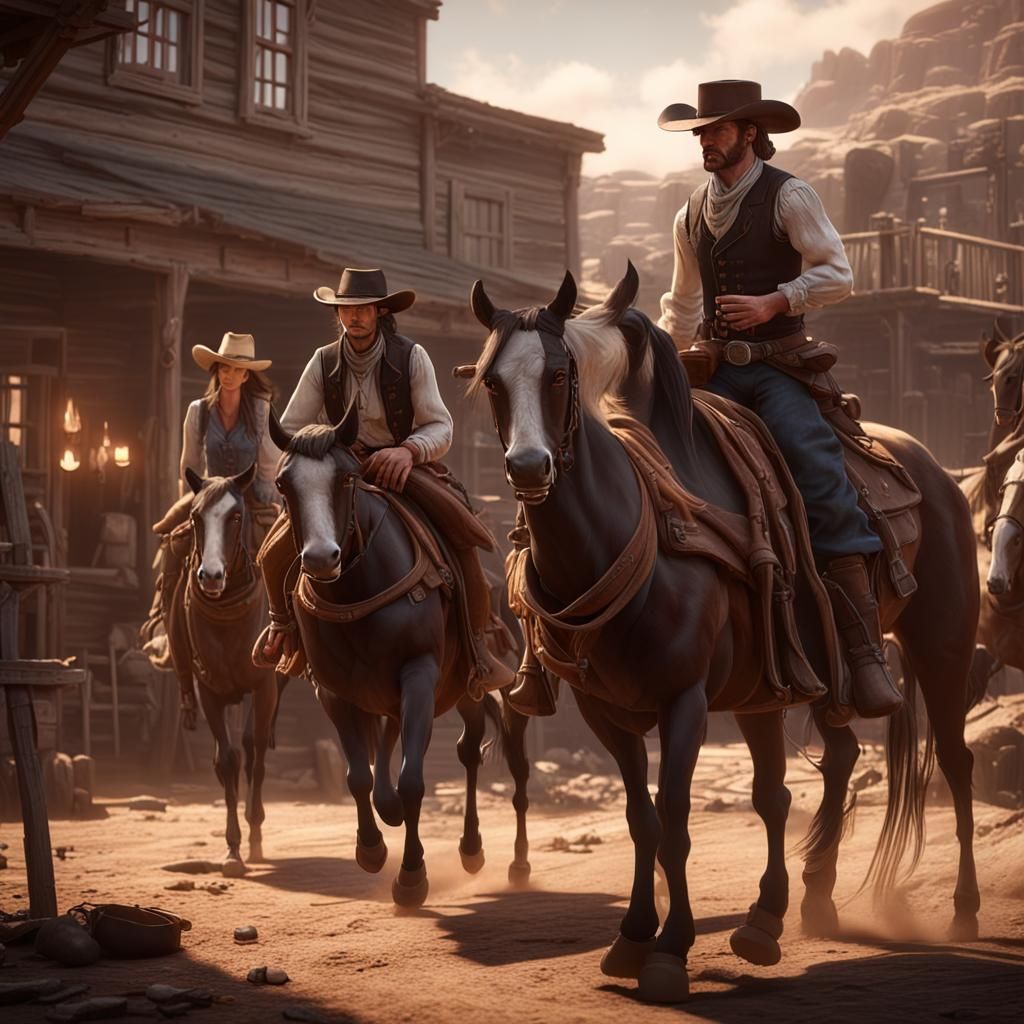 Realistic Western Scene: Cowboys and Cowgirls in the 1800s