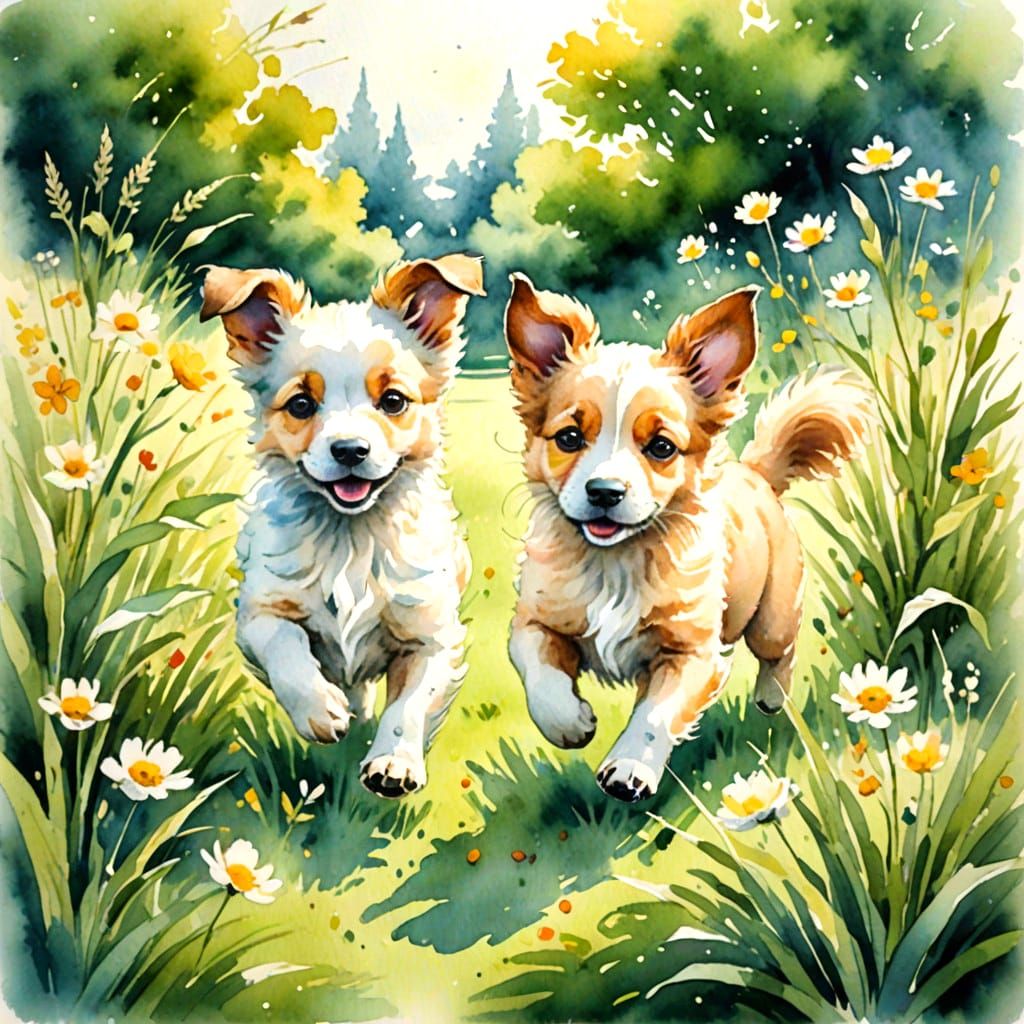Two Small Puppies in Watercolor Joyfully Play in the Green G...
