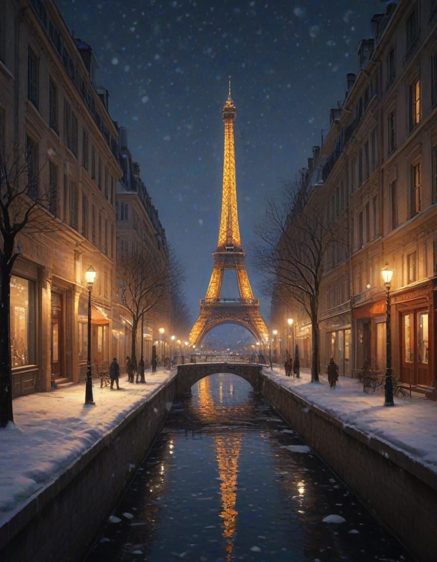 Paris Snowy Night Comic Art: Eiffel Tower Glow