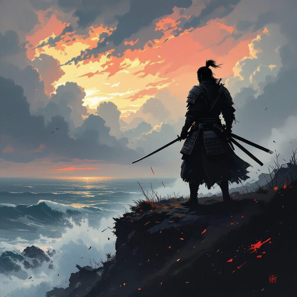 Samurai Warrior on Cliff Overlooking Stormy Sea