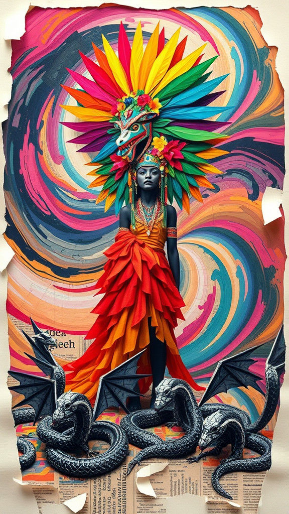 Kaleidoscopic Quetzalcoatl Figure in Dada Collage Style
