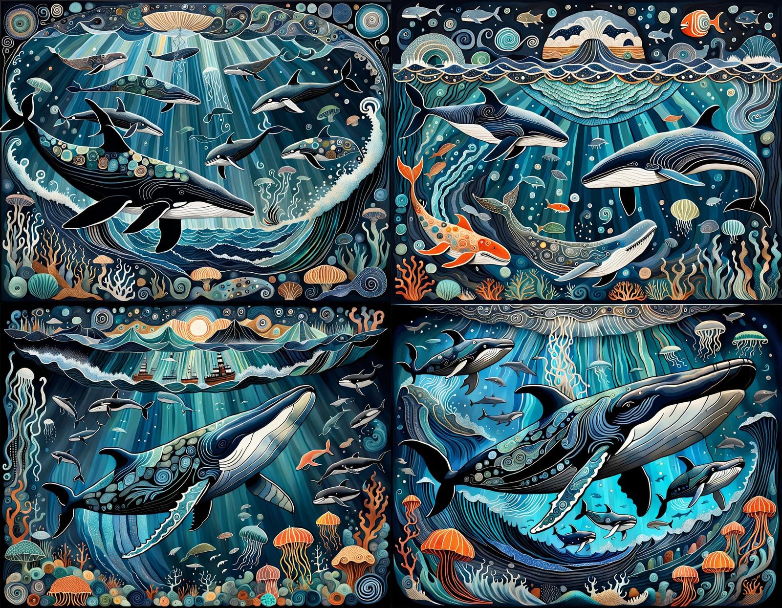 Ocean Storm with Whales in Outsider Art Style