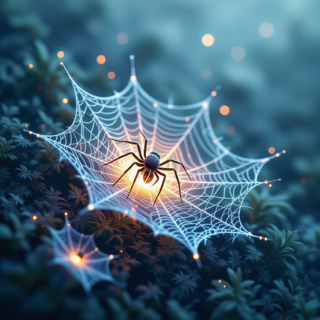 Ethereal Spider Web Objects in Bioluminescent Dreamscape