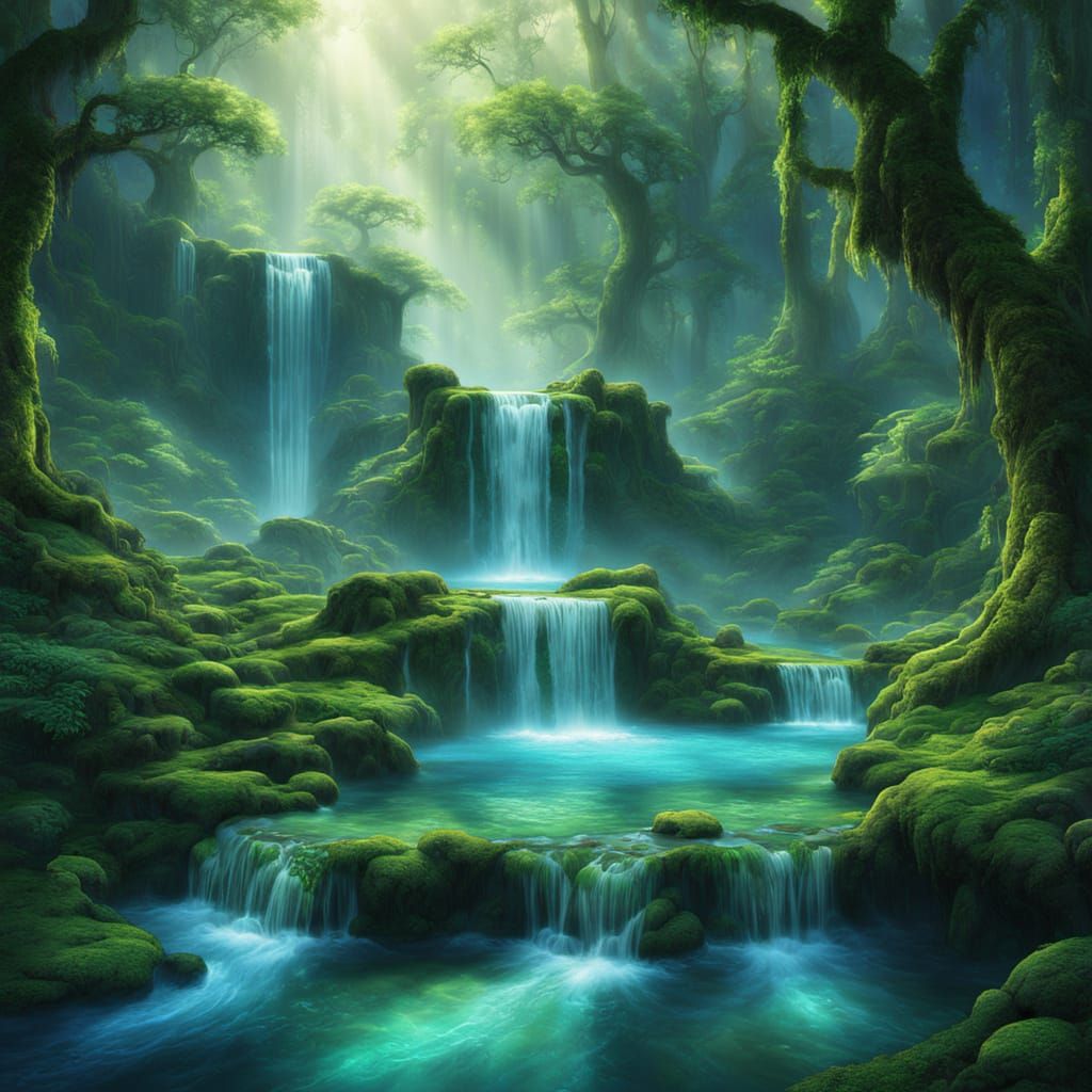 Glowing Waterfall in Enchanted Forest