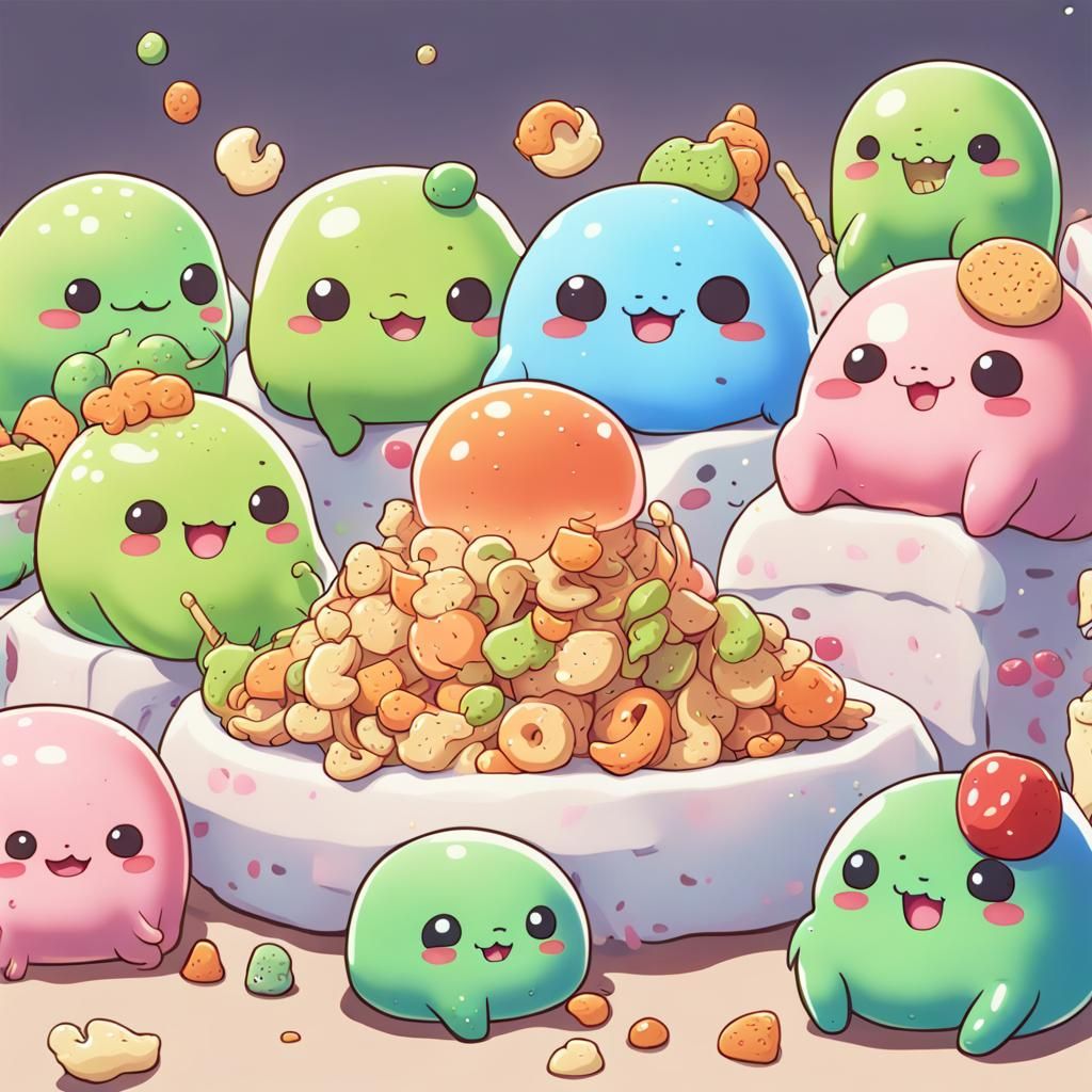Cute Tiny Slimes Eating a Snack in Anime Style
