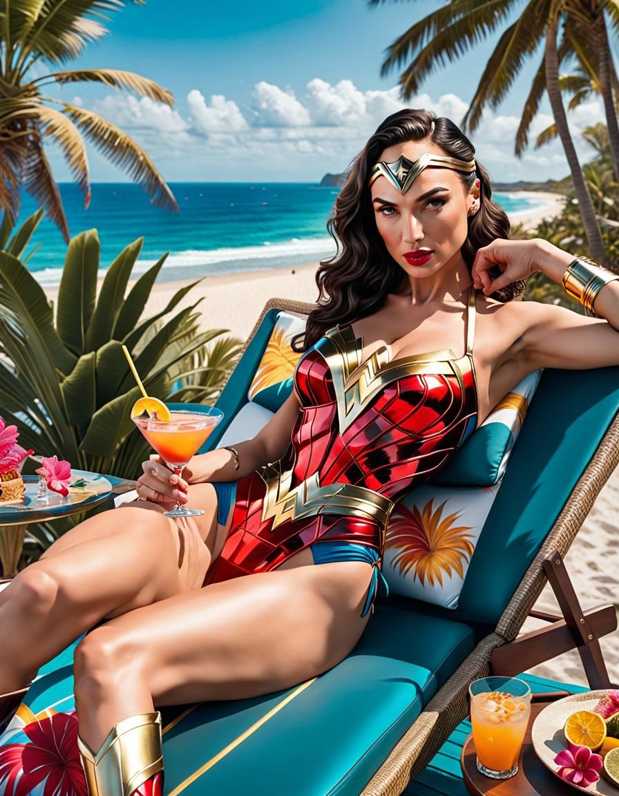 Wonder Woman on Tropical Beach, Hyperdetailed Digital Art