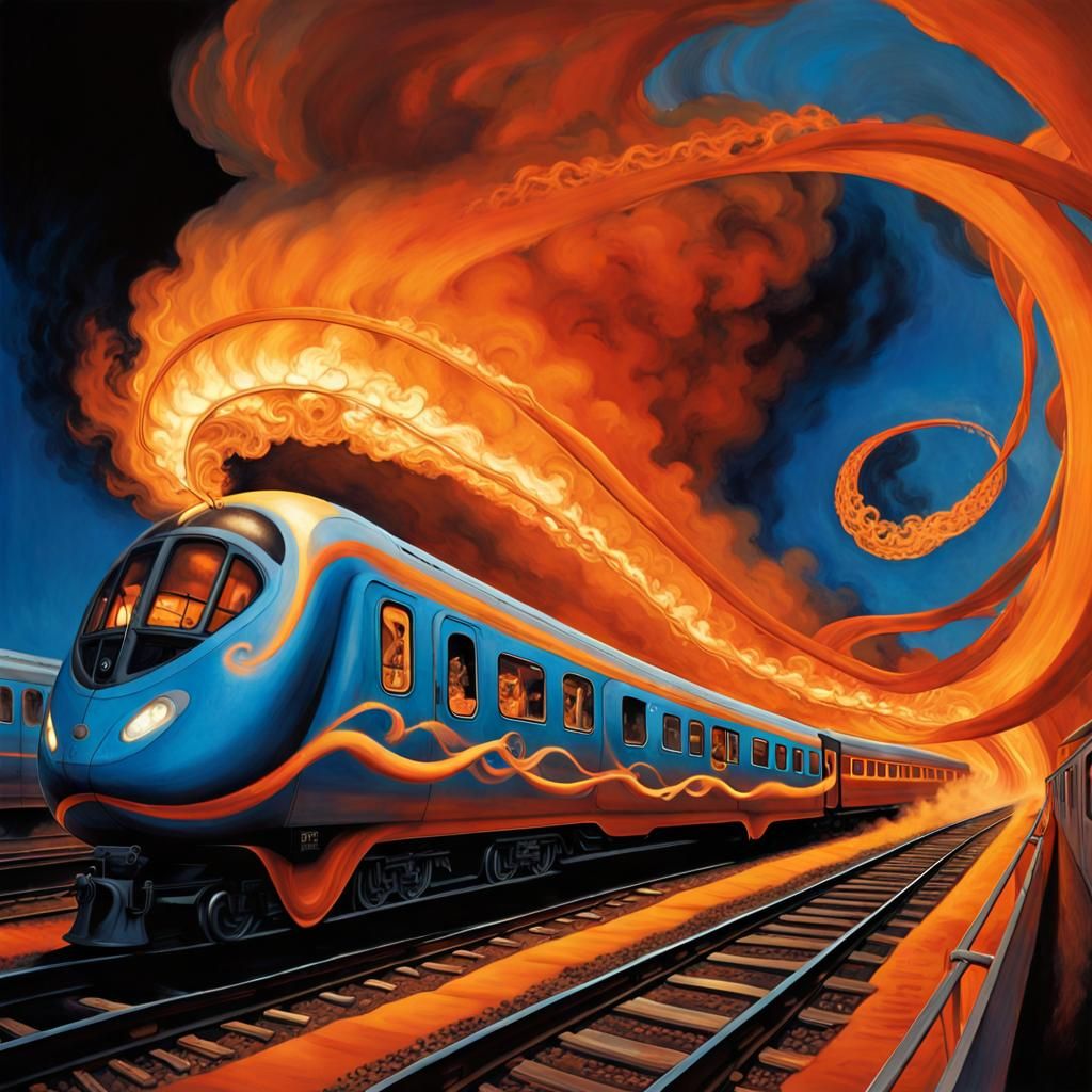 Ethereal Möbius Strip Train Blazes Through a Fiery Station