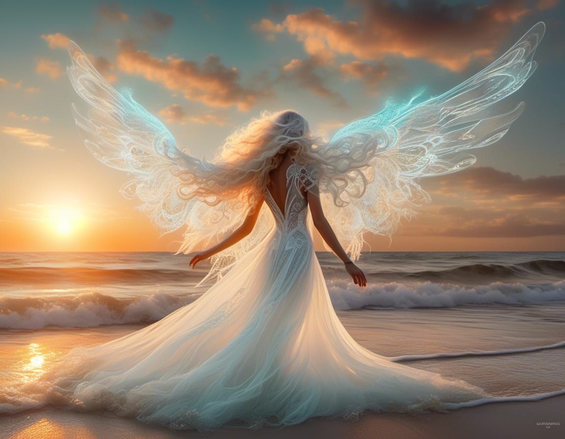 Ethereal Angel on Magical Beach at Sunrise