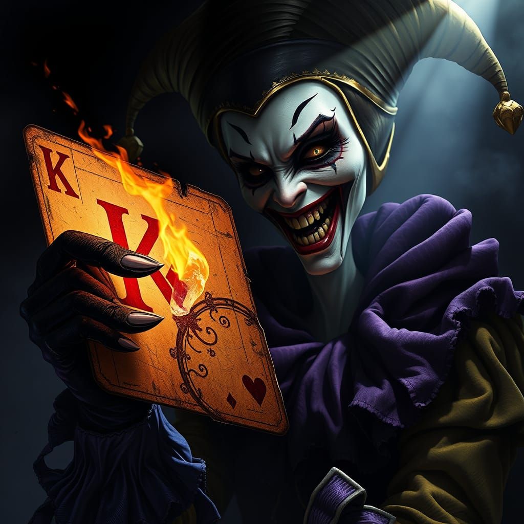 Menacing Jester Emerges from Shadows with Twisted Grin and F...