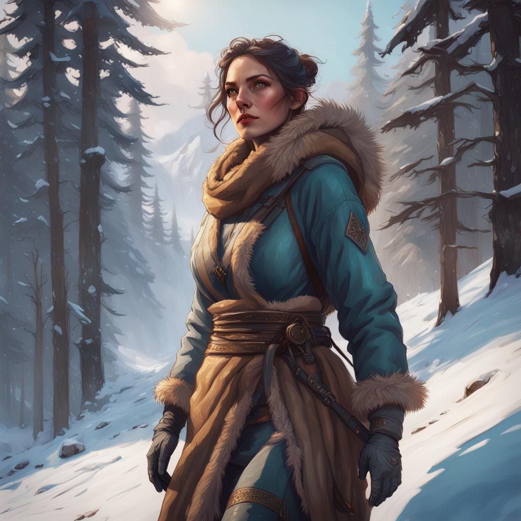 Adventurer in Snowy Landscape: Detailed Portrait