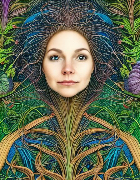 Woman Planting Trees in Warped Perspective, Detailed Illustr...