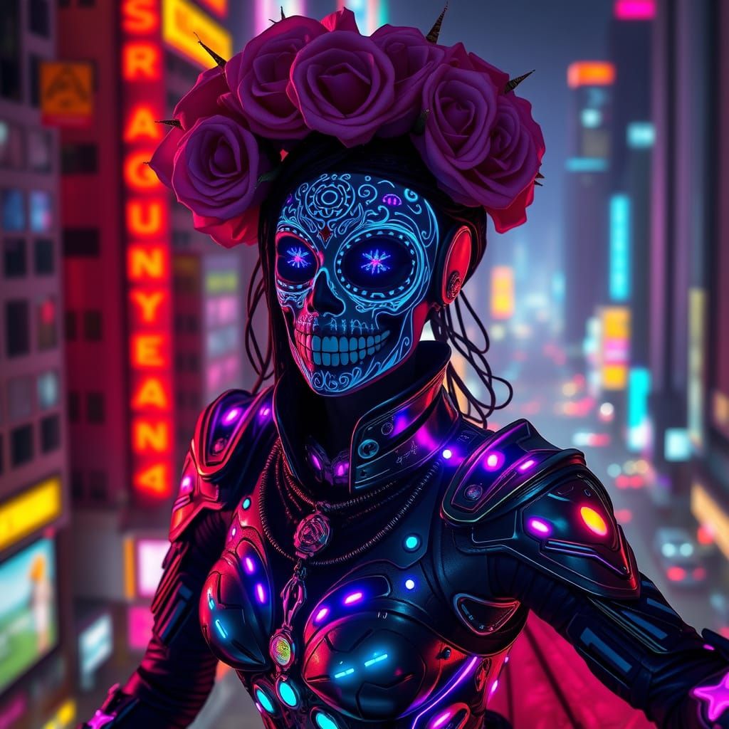 La Catrina, the spirit of Muerte, reimagined as a cyberpunk ...
