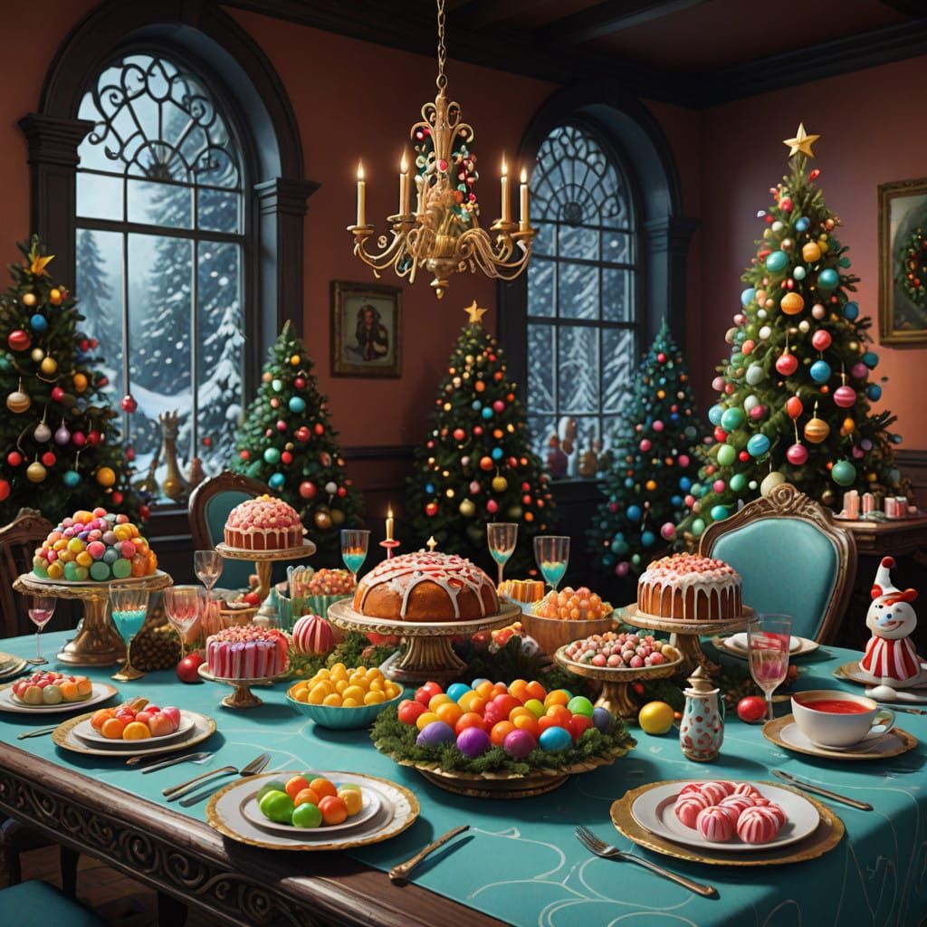 Whimsical Christmas Feast in Vibrant, Fantastical Style