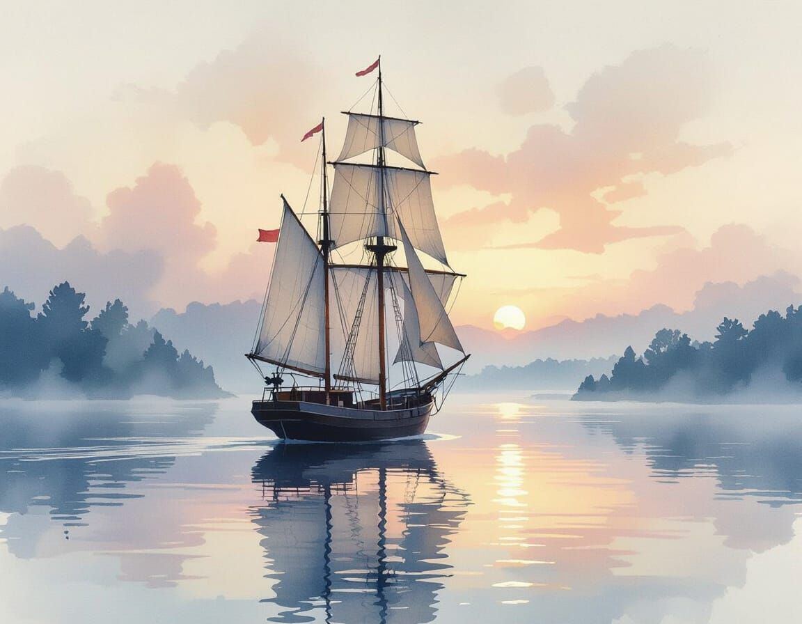 Majestic Sailing Ship on Misty Lake at Dawn
