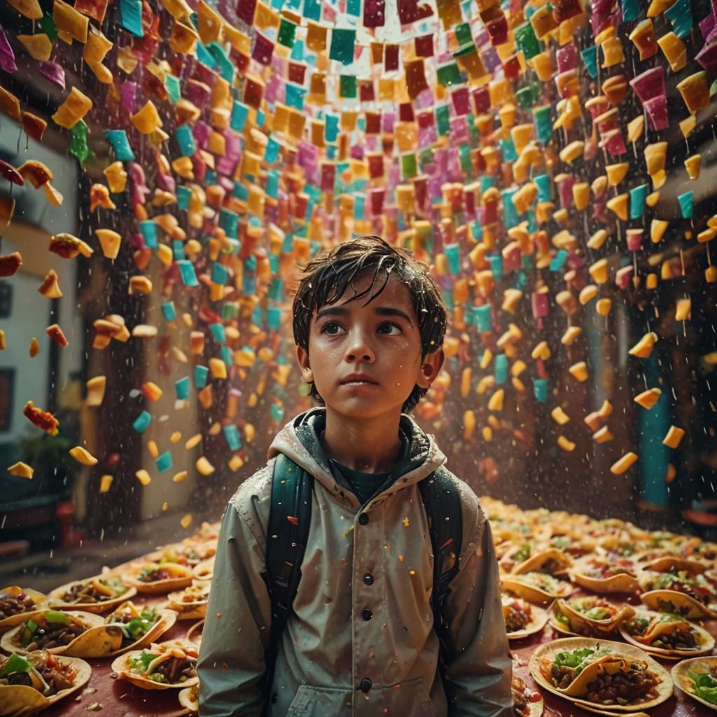 Boy in Taco Rain: Cinematic Film Still