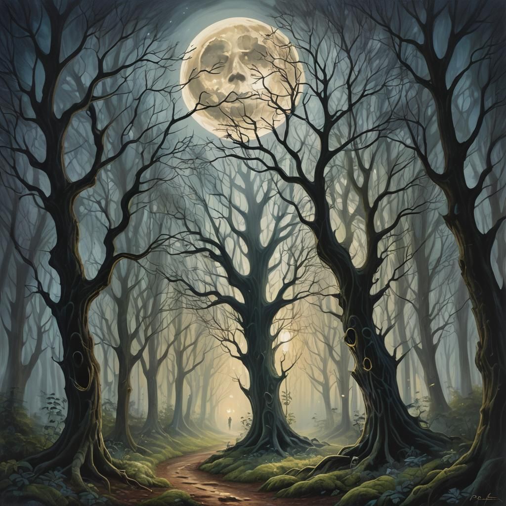 Dreamlike Forest with Towering Moon