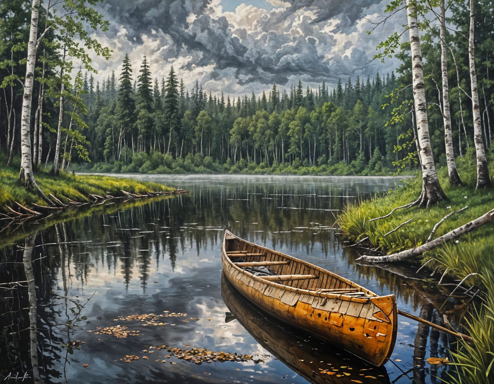 Misty River: Abandoned Canoe Oil Painting
