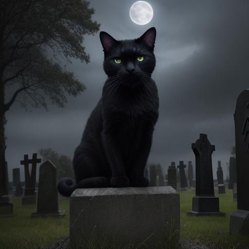 Eerie Black Cat on Tombstone in Dark Fantasy Art