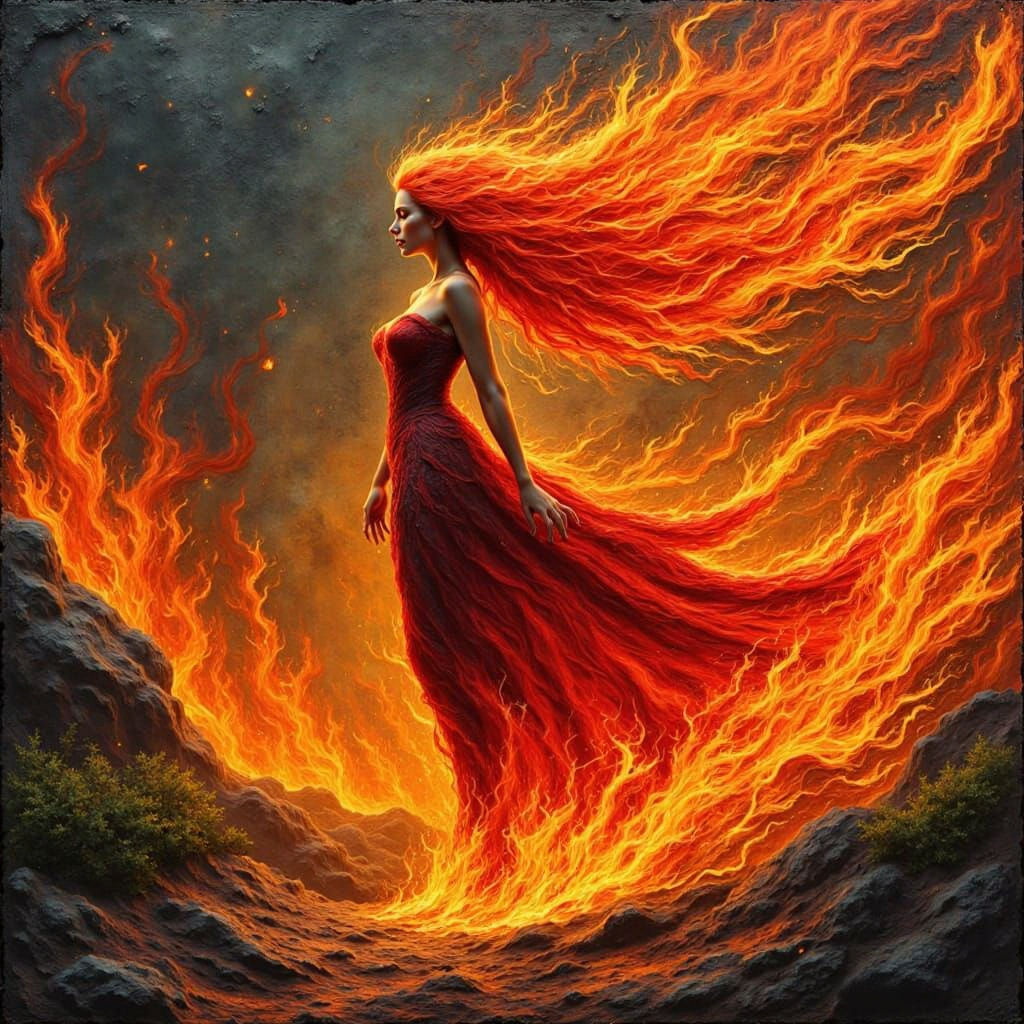 A fire elemental with flaming red hair that is a fire. impas...