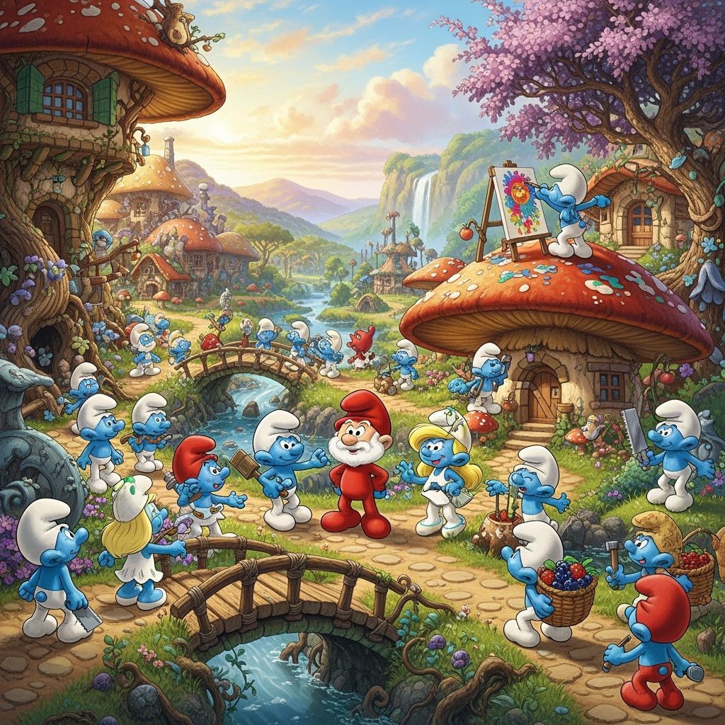 Smurfs Gather in Whimsical Village, Miyazaki Style