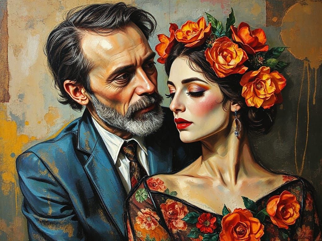 Romantic Couple in Mixed Media Oil Painting