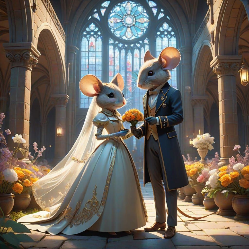 Elegant Field Mouse Couple Exchange Vows in Ancient Cathedra...